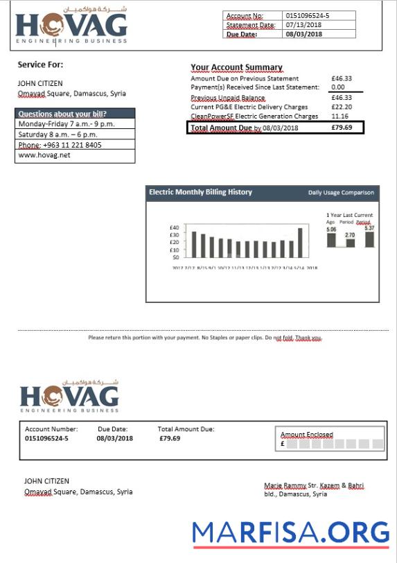 Printable Syria HOVAG electricity bill in Word format sample